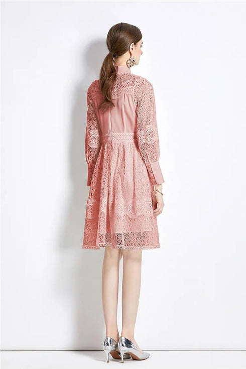 French Style Babelicious Pink Exquisite Crochet Lace, Stand Collar, Long Sleeve Cocktail, Party, Wedding Guest, Prom Dress